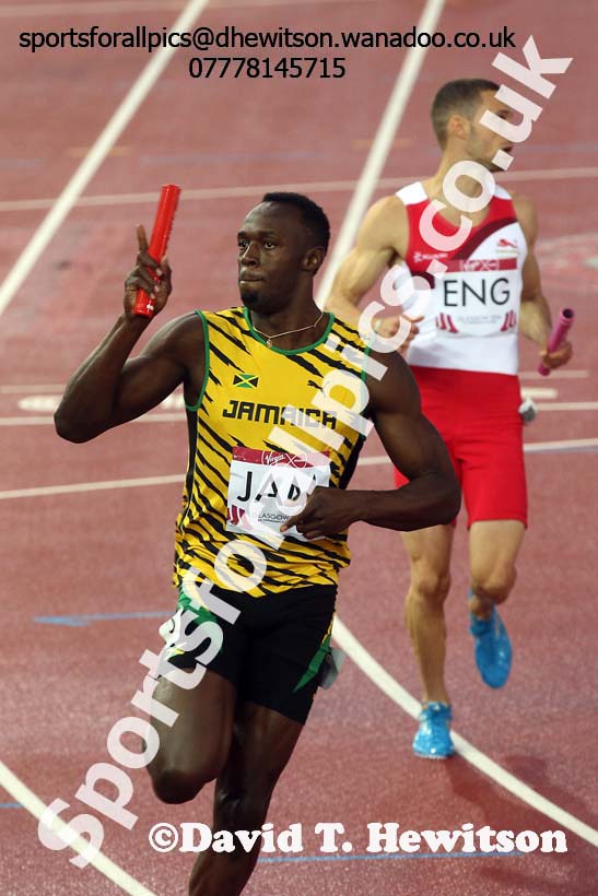 Usain Bold takes Jamaica to victory in the 4 x 100 metres at the Commonwealth Games, Glasgow. Photo: David T. Hewitson/Sports for All Pics